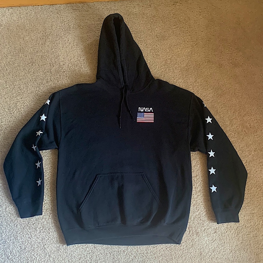 Black NASA hoodie with USA flag on front and back and stars down the sleeves